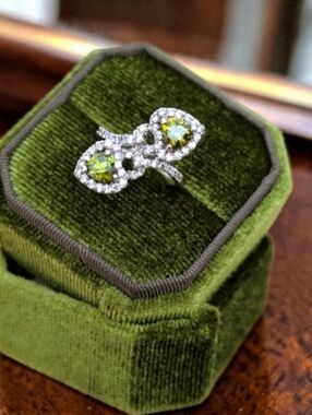 Intricate Peridot Double-Heart Rhodium Plated Over 925 Sterling Silver Ring